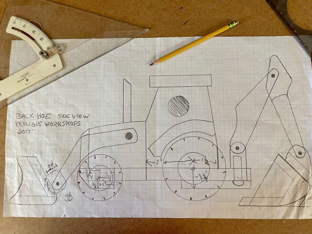 Sketch of the Kringle Workshops Backhoe wooden toy concept